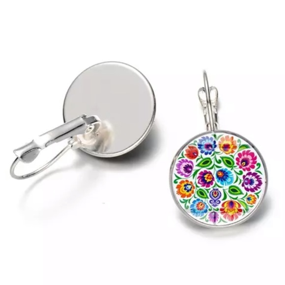 Boho‎ Polish Folk Pattern Drop Earrings Art Glass - Picture 1 of 1